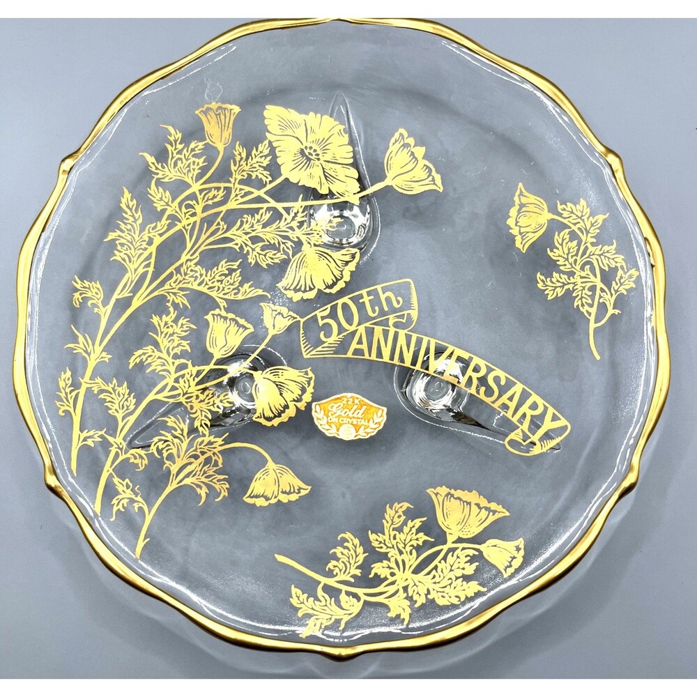 Vtg 22K Gold on Crystal 50th Anniversary 3-Footed Dish Silver City Glass Co. 7"
